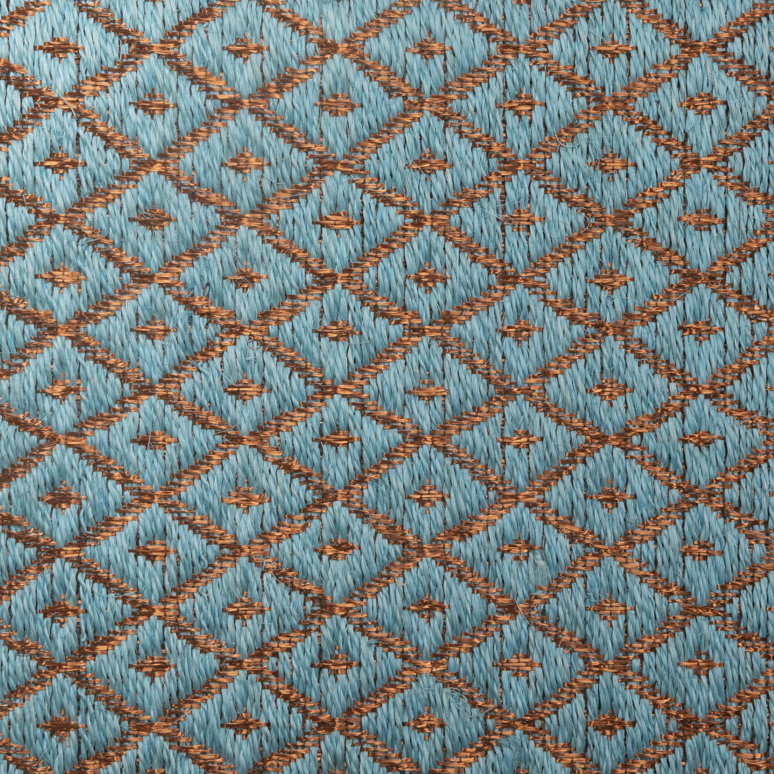 RHOMBUS WEAVE RUG IN LIGHT TURQUOISE FIQUE FIBER AND COPPER