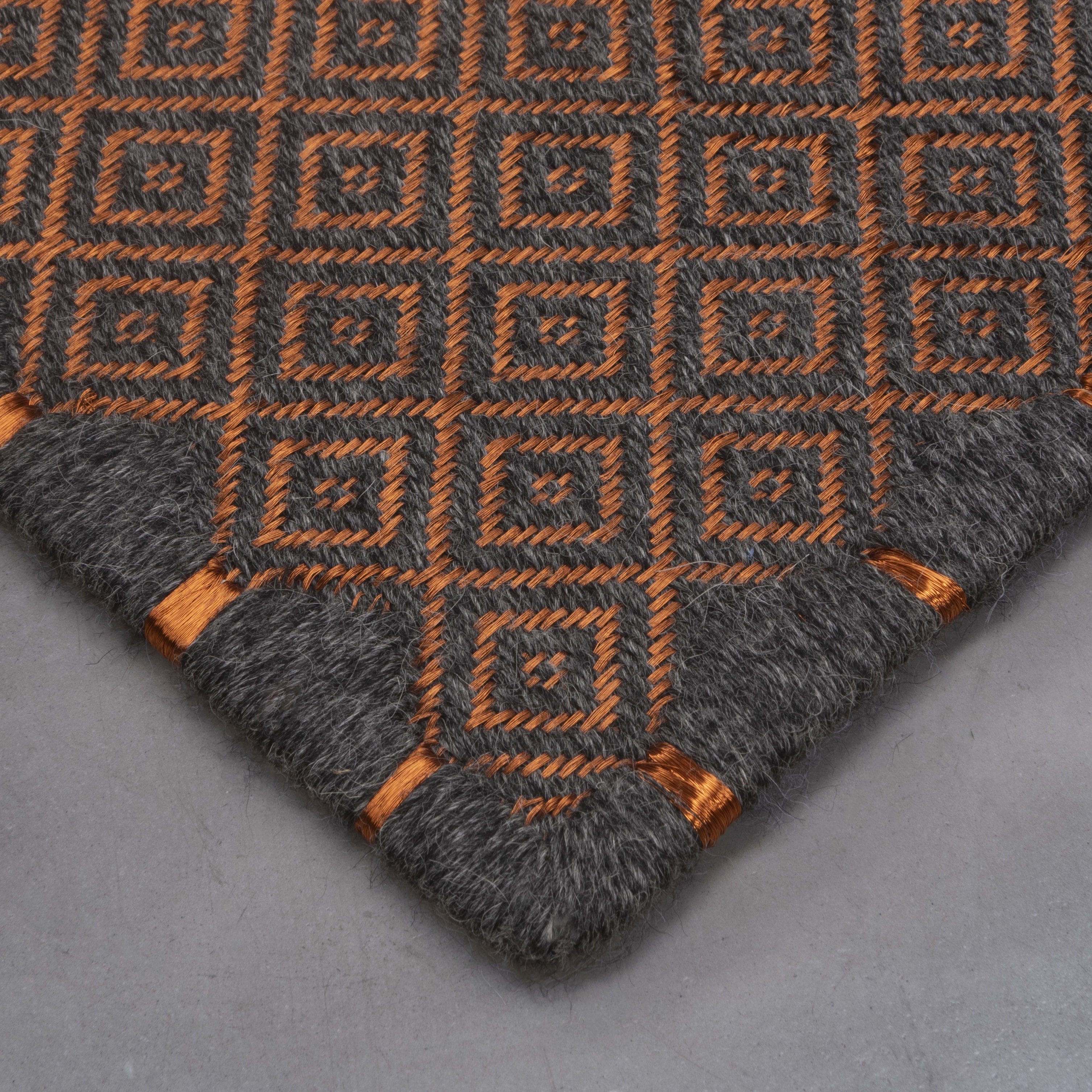 MEDIUM RHOMBUS WEAVE RUG IN BLACK-GRAY ALPACA WITH COPPER