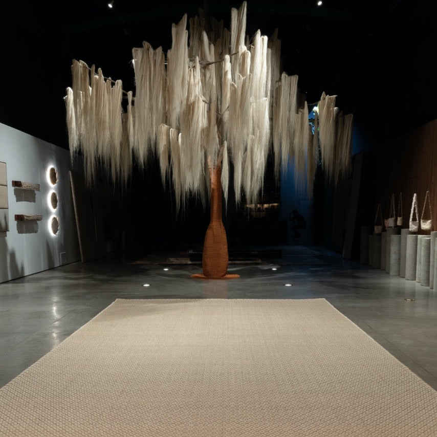 RHOMBUS WEAVE RUG IN NATURAL FIQUE FIBER WITH WHITE FIQUE FIBER